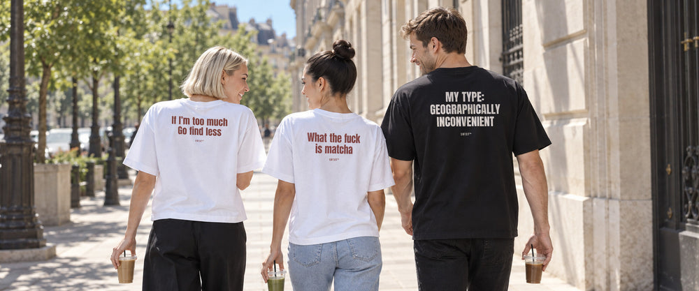 Jules, Mara and Theo walking away in SBTXT tees