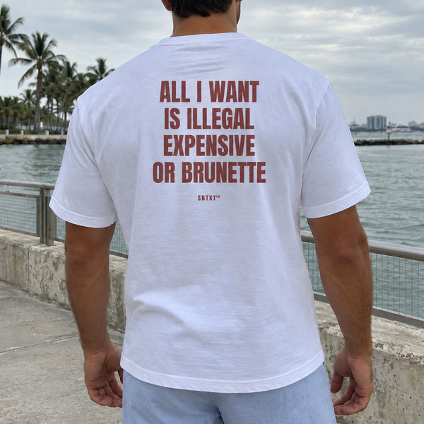 The All I Want Is Illegal Expensive or Brunette Tee - worn, second street photo
