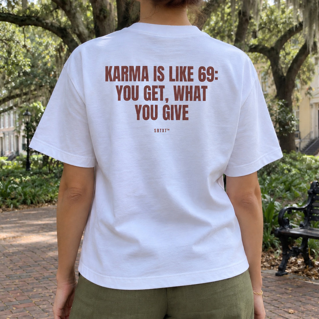 The Karma Is Like 69 Tee - worn, street photo