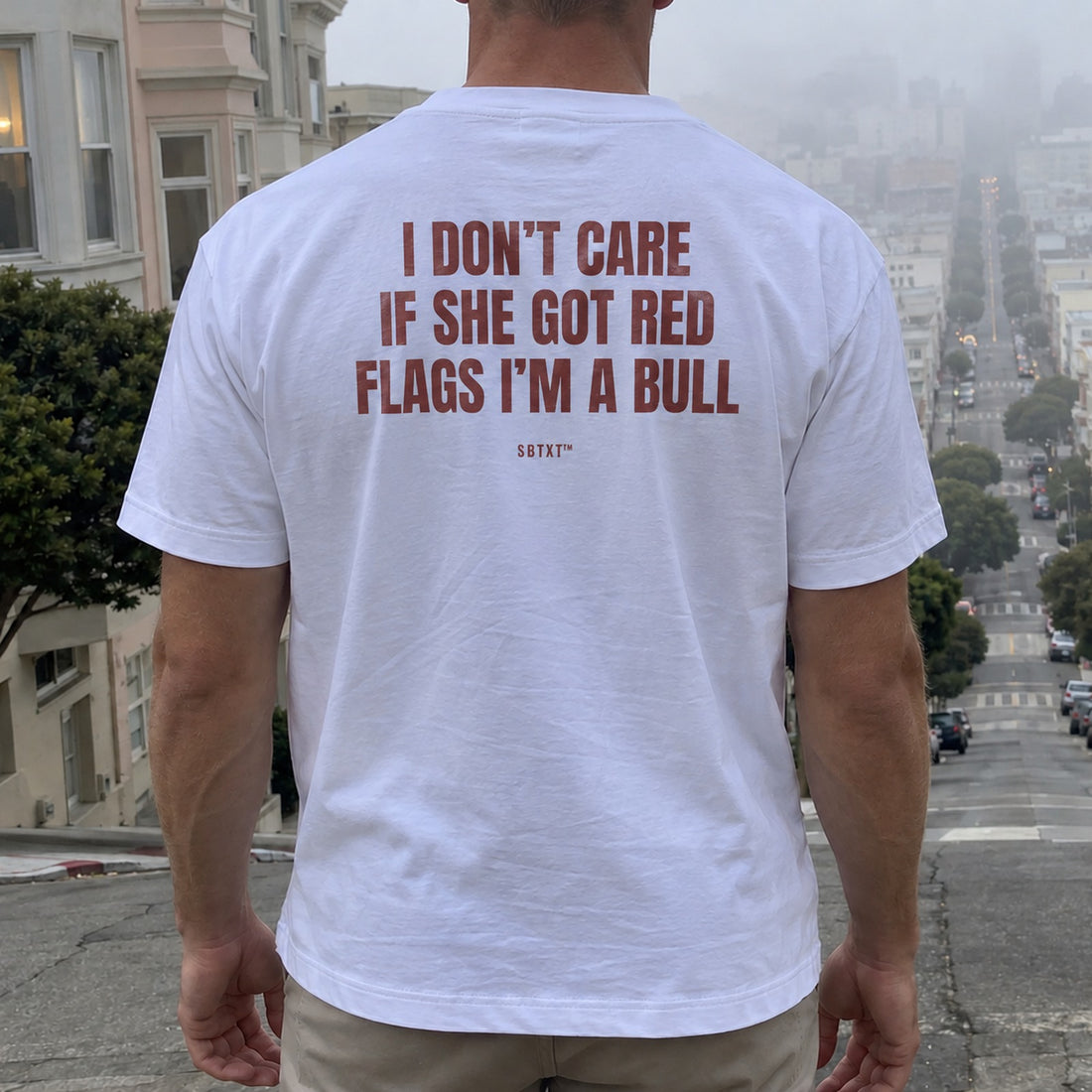 The Red Flags I'm a Bull Tee - worn, second street photo