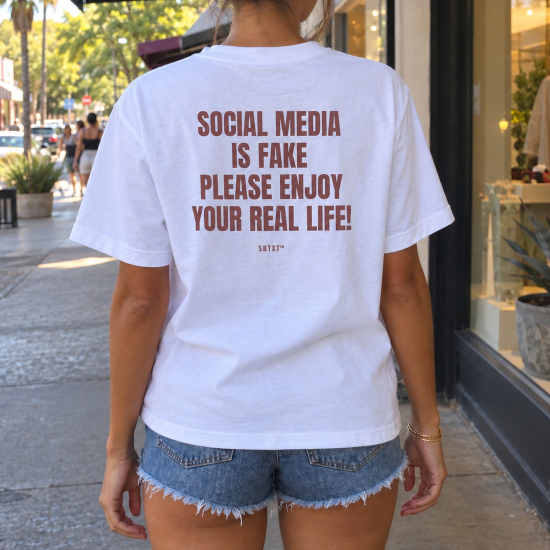 The Social Media Is Fake Tee - worn, street photo