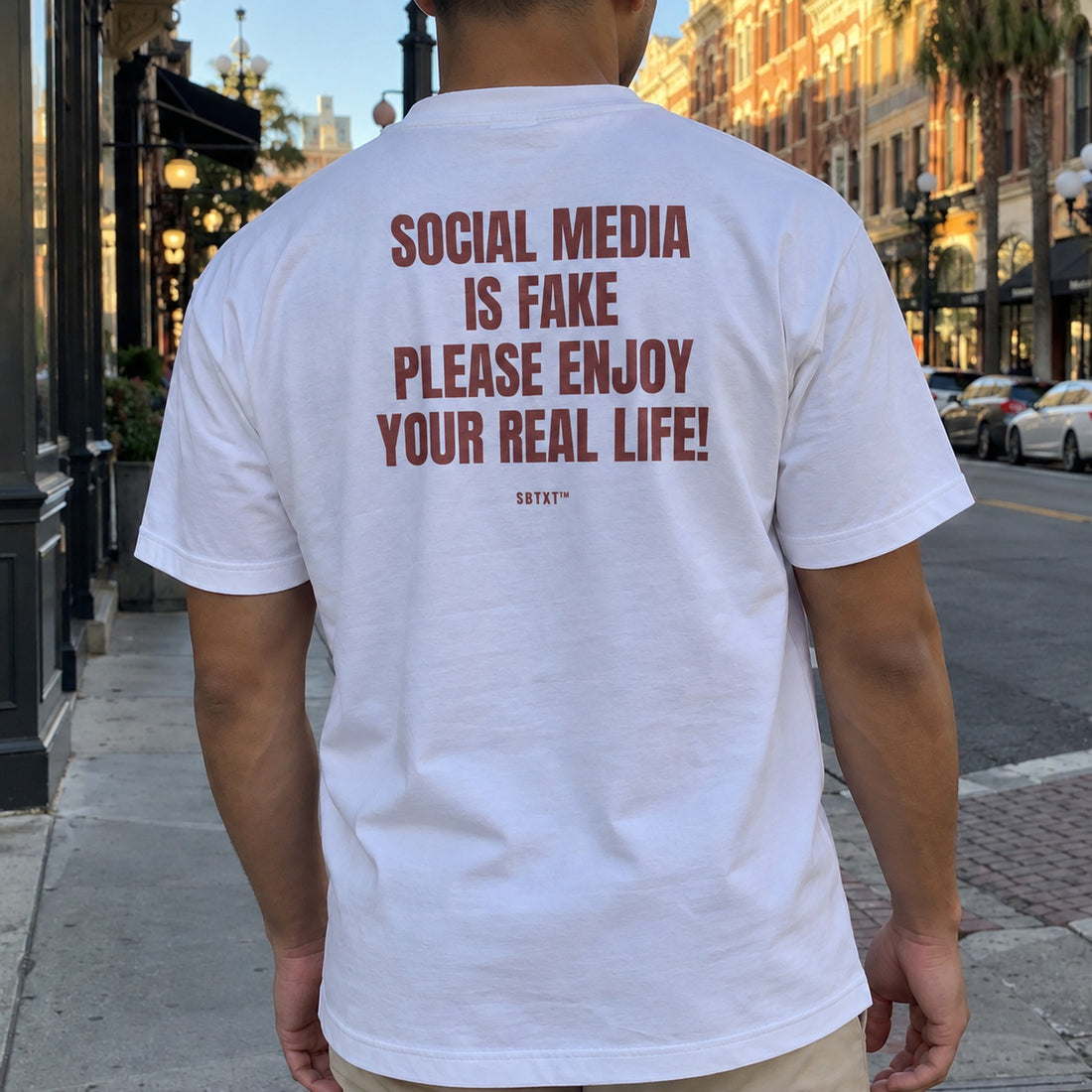 The Social Media Is Fake Tee - worn, second street photo